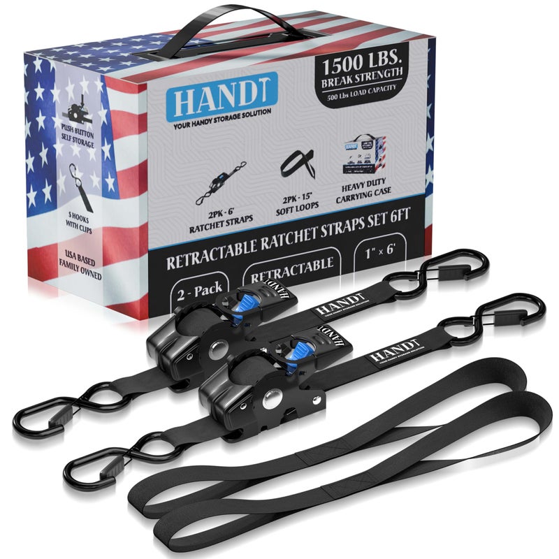 HandT Retractable Ratchet Straps (2PK) 1in x 6ft - 1 500lb Break Strength  Heavy Duty Tie Down Automatic Self Ratcheting Strap Downs Push Button Retracting for Truck  Trailer  Motorcycle | 2PK Black - Image 1
